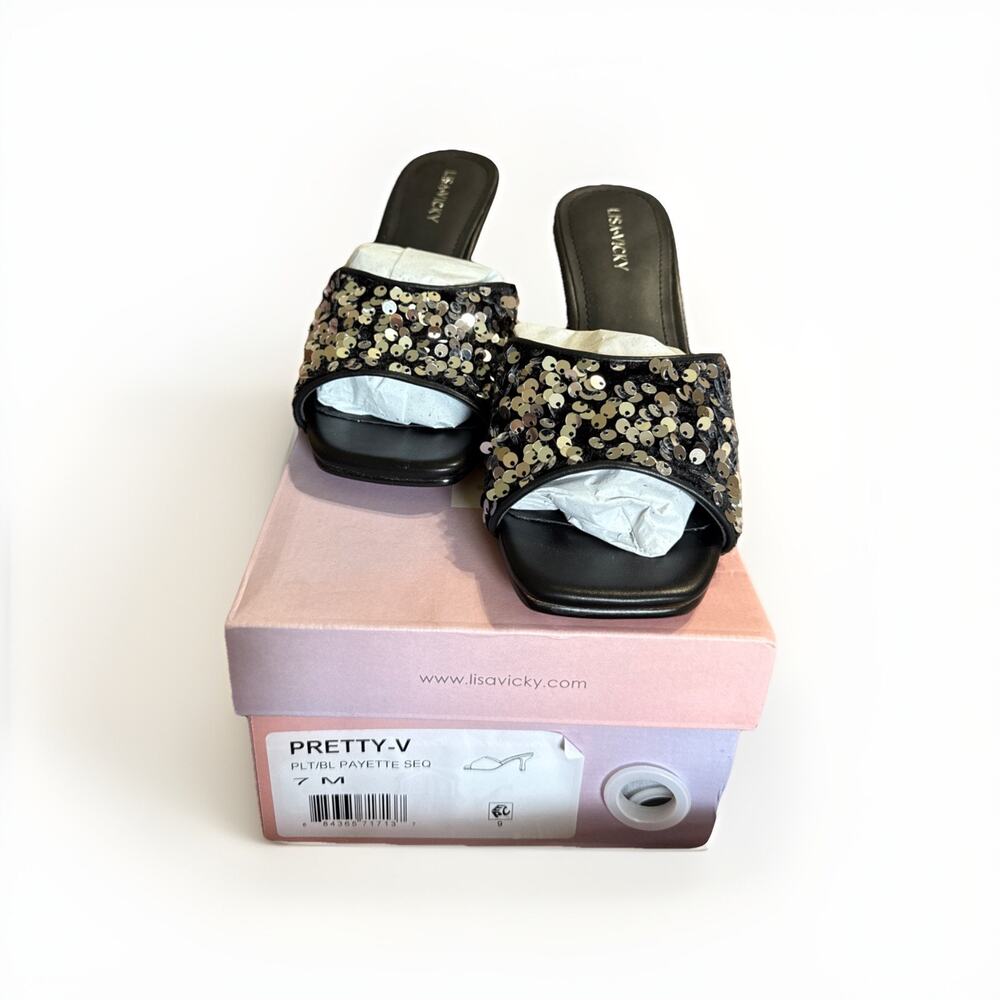 Lisa Vicky Pretty-V Black Slide Sandal Platinum Black Sequins Size 7 Heels - Picture 1 of 9